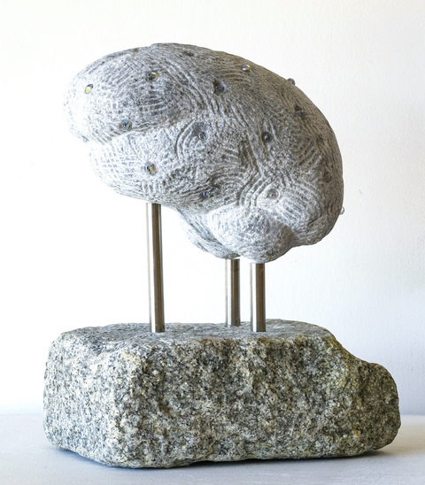  Stone Brain Rutland grey marble, Swarovski crystals, stainless steel pins mounted in Belgium granite