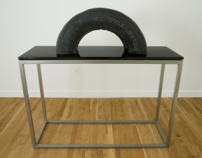 Jeph Gurecka solo exhibition, "Shiny Bright Souvenir", 2008 31Grand Gallery, New York, NY. cast resin tire, metal, hardware, mounted on poured resin panel
