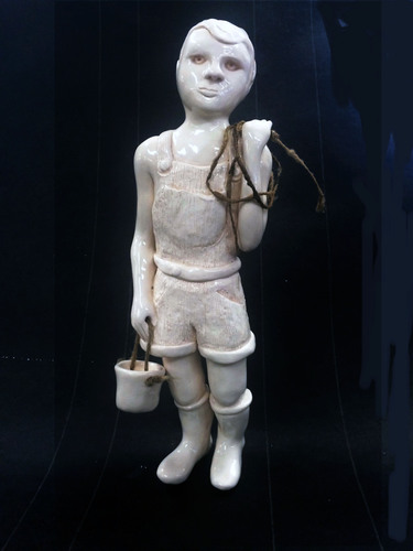 Jerelyn Hanrahan  CERAMIC FIGURINE and ceramic objects series Porcelain and rope on wood base , black granite base