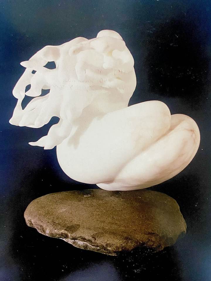 Jerelyn Hanrahan SCULPTURE Carved Alabaster on River Rock
