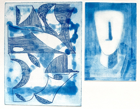 Jessica Snow Printmaking 2 plates with soft-ground etching and spitbite (left) and drypoint with spitbite (right) on single sheet of Somerset