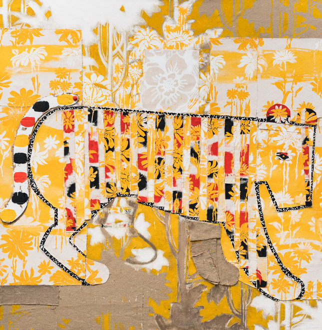  Animal Paintings 2016 Silkscreen, acrylic, collage and pushpins on burlap