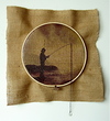  STRINGS ATTACHED  Wooden embroidery hoop, thread, burlap, digital photo, fish hook