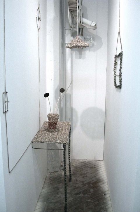 Johanna Byström Sims Sculptures crocheted speaker wire, speakers, pencil on wall, sound