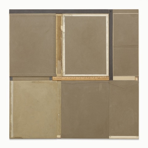 John Fraser  Acrylic and M/M Collage on Wood Panel Construction, Found Rule, Nails, and Fabric