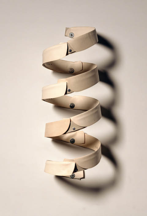 John Fraser  Varnish on Starched Linen Collars, Dyed Leather, Stainless Steel Hardware (wall-bound)
