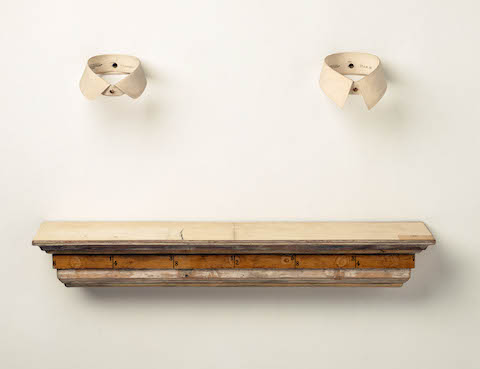 John Fraser  Graphite, Paper Collage, Wax, on Wood Shelf Construction, w/ Varnish on Starched Linen       Collars (brass stays), Stainless Tacks