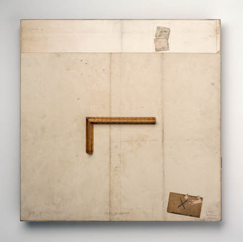 John Fraser  Graphite, Acrylic, & M/M Collage, Laid Down on Wood Panel Construction, w/ Found/Altered Architect Scale
