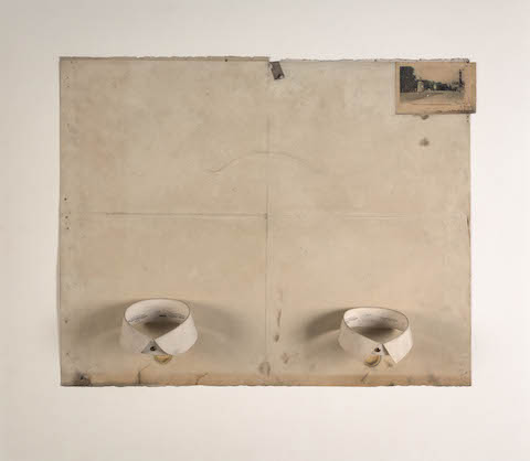 John Fraser  Graphite, Colored Pencil, Varnish, Inlaid Collage on Folded Paper, Varnish on Starched Linen Collars (brass stays)