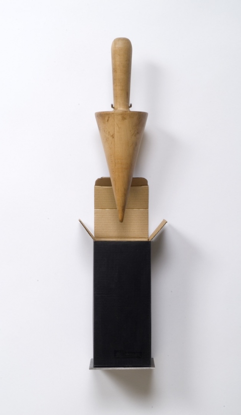 John Fraser  Waxed Steel, Waxed Wood, Acrylic on Cardboard, Paper, & Wood Insert, Stainless U-Bracket (4 Parts)