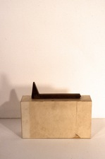 John Fraser sculpture/assemblage Graphite, Acrylic, Varnish, and Paper Collage on Basswood Form, w/ Found Object