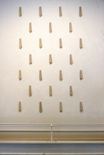 John Fraser installation views "Rain" (1996), Starched/Folded Linen Shirt Collars, Bottom Tabs, Aluminum Clips, Velcro