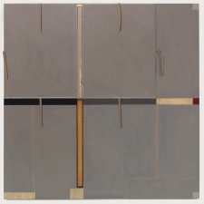 John Fraser work in relief Acrylic and M/M Collage on Wood Panel Construction, with Fabric, and Found Rule