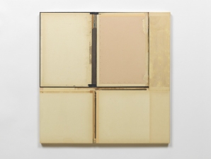 John Fraser work in relief Acrylic and M/M Collage on Wood Panel Construction, with Fabric