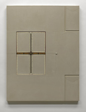 John Fraser work in relief Acrylic, Graphite Wash, M/M Collage on Wood Panel Relief Construction w/ Found Rule, Button/Cording