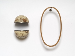 John Fraser sculpture/assemblage Waxed Steel, Waxed Wood, Waxed Found Embroidery Hoop, Stainless Hook (4 Parts)