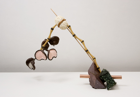 John Newman  Sculpture - 2009-2014 rough cut and polished green and red porphyry, copper rod, bronze rod, satin rattail, varnished nut husks from Australian outback, coconut fiber rope from Gujarat, wood putty, papier mache, acqua resin, acrylic paint