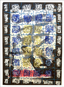 John T Adams Asemic Borders ink, acrylic paint and oil pastels