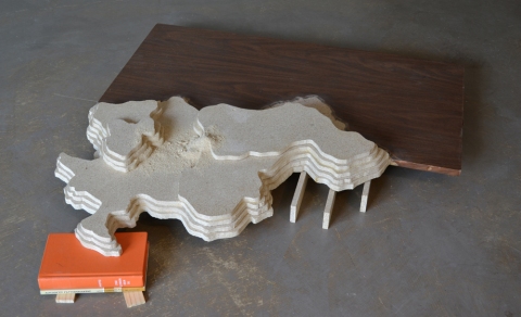 Josh Johnson Archived Work  table leaf, particle board, books, Grandmother's doily, shims, dust