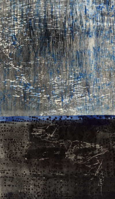 Joyce Silverstone Verticals relief, carborundum collagraph, monotype, collage