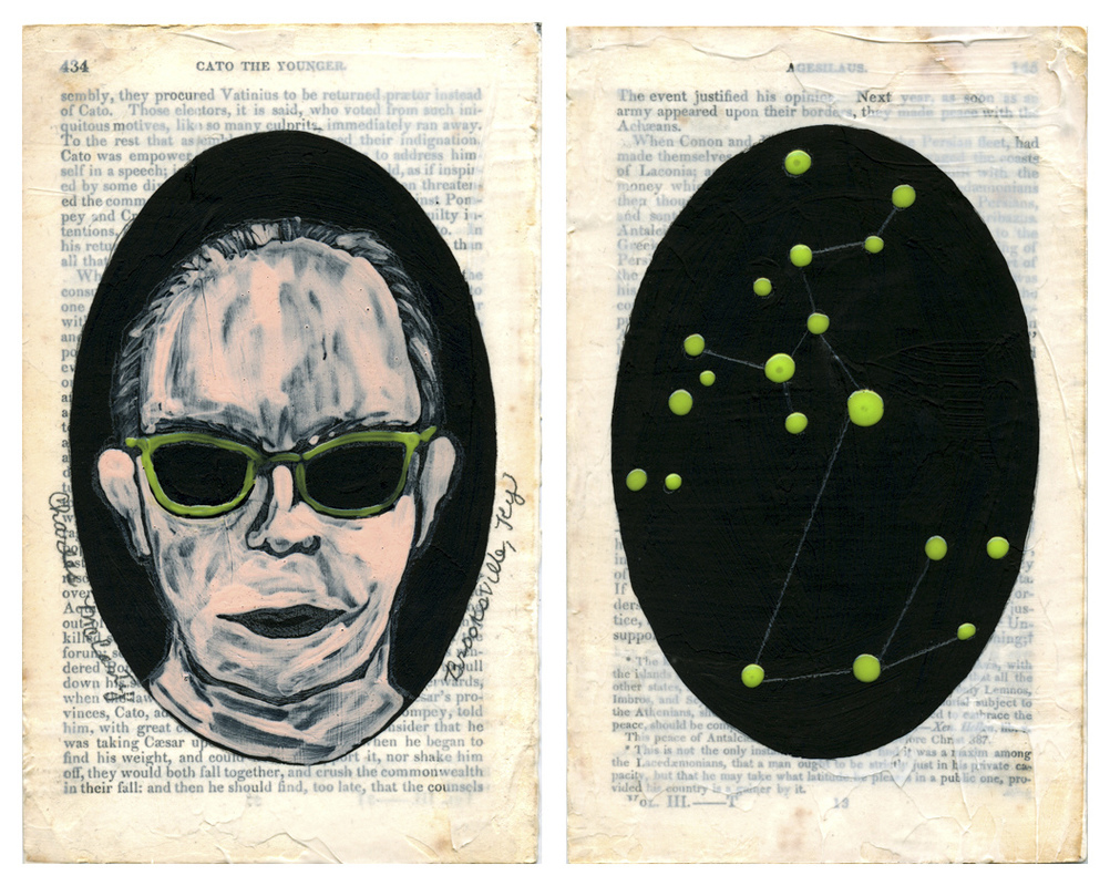 JUDITH PAGE Holes of Truth (2008) Tar Gel, acrylic, gesso, graphite, mixed media on "Plutarch's Lives."
