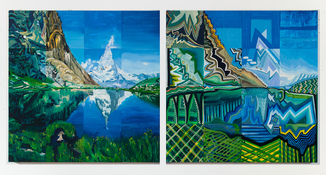 KANISHKA RAJA Postwest 2: I and I (Ornament and Translation) oil and .44 Magnum on canvas over 2 panels