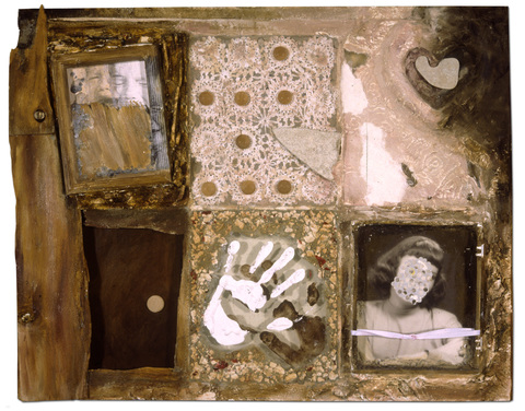 Family Story Assemblage/Sculpture mixed media with window pane substrate