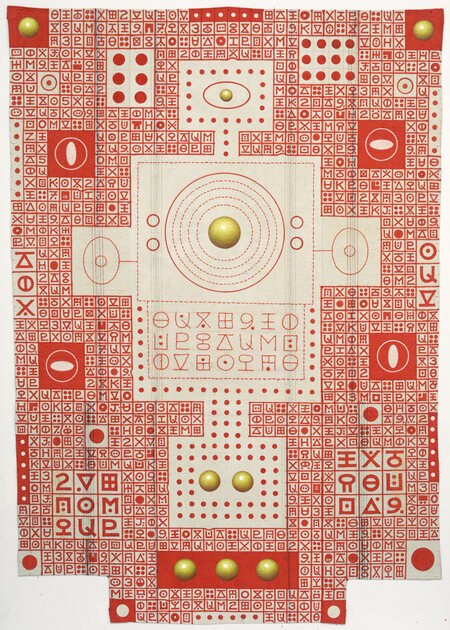 KARLA KNIGHT Universal Remote (2023) Flashe, acrylic marker, pencil, and embroidery on cotton