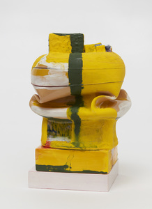 KATHY BUTTERLY "Yellow Haze" (2021) Clay, glaze, wood with paint and nail polish
