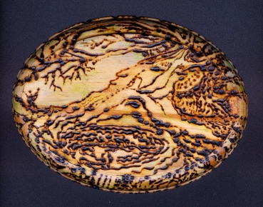 Kathy Hirshon Wood Objects wood-burning and acrylic on pine wood