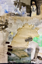 Katie Rubright The Inferno We Deserve graphite, charcoal, ink, marker, gouache, Flashe, watercolor, oil, solvent transfer, coffee, sticker and collage on paper