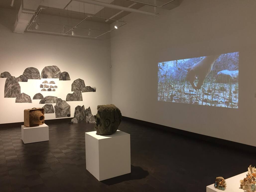 &quot;Rockscape&quot;(2016-2018) drawing installation and projected video of &quot;Mojave Desert Spring Squeakers&quot;(2017) at group exhibition Navigating Elements at Rowan University Art Gallery, Glasboro, NJ. (photo credit:Rowan University Art Gallery) . Spring-Summer 2018