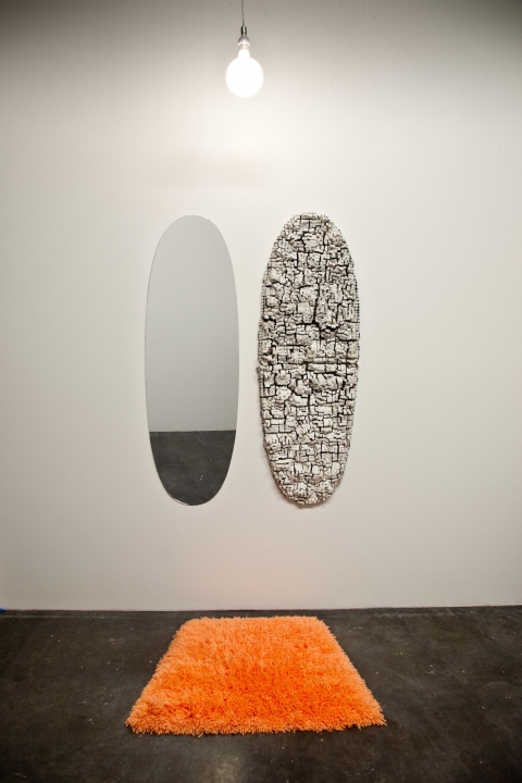 Kelcy Chase Folsom Archive mirror, light bulb, ceramic, forced perspective hand latch-hooked rug