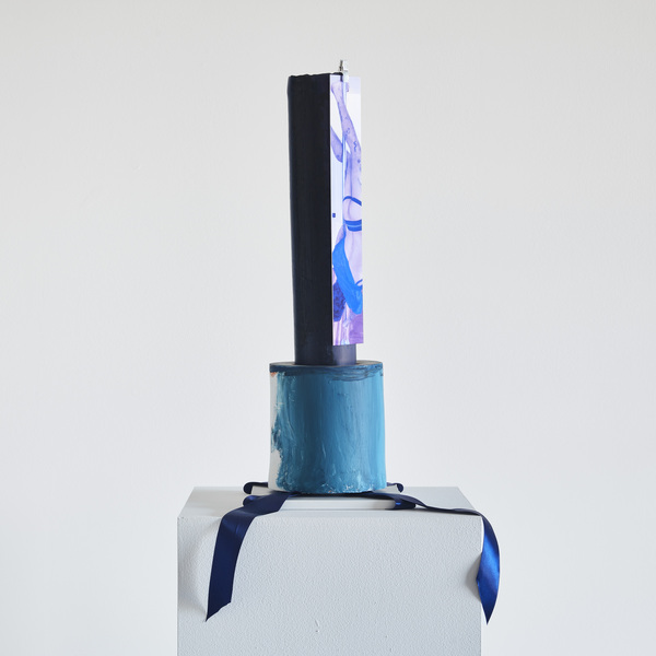 Kelcy Chase Folsom New Work ceramic, oil pant, maple, nipple clip, digital print on aluminum, blue silk ribbon 