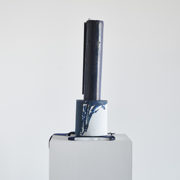 Kelcy Chase Folsom New Work ceramic, oil pant, maple, nipple clip, digital print on aluminum, blue silk ribbon 