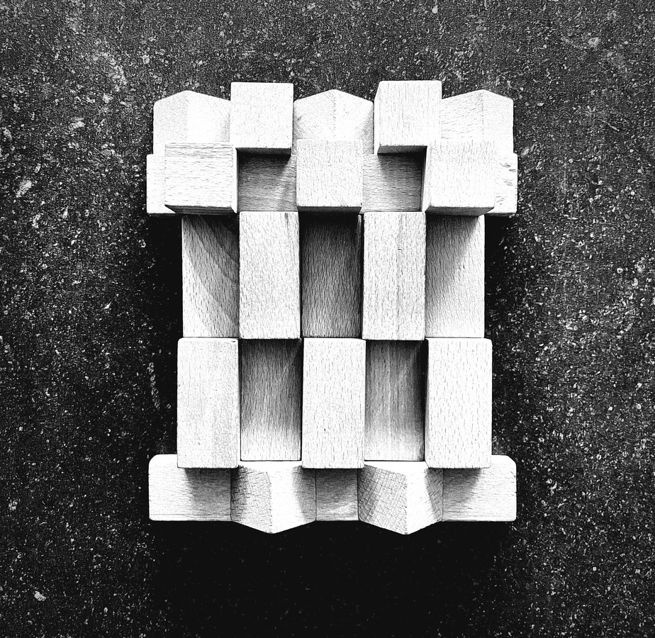 Kenneth Jaworski Constructions | Wood | 2024 Hand-sanded oak blocks placed over oak | Displayed on Belgian Hardstone Tile | Photographed in B/W