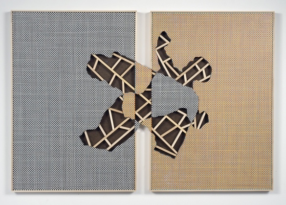 Ken Weathersby The Path of the Needle acrylic & graphite on canvas, two panels, with removed and reversed areas