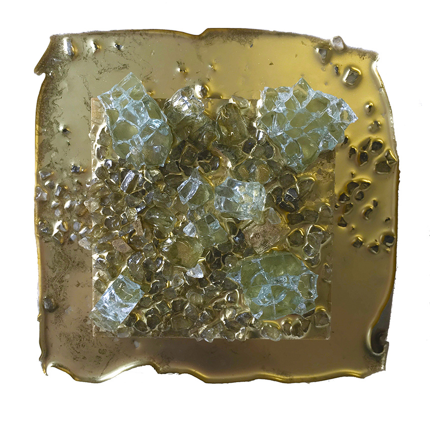 Kristin Schattenfield-Rein The Liminal Gates Glass, Gold Leaf, Gold Dust, Glass Shards, Oil & Acylic Ink on Birch Panel