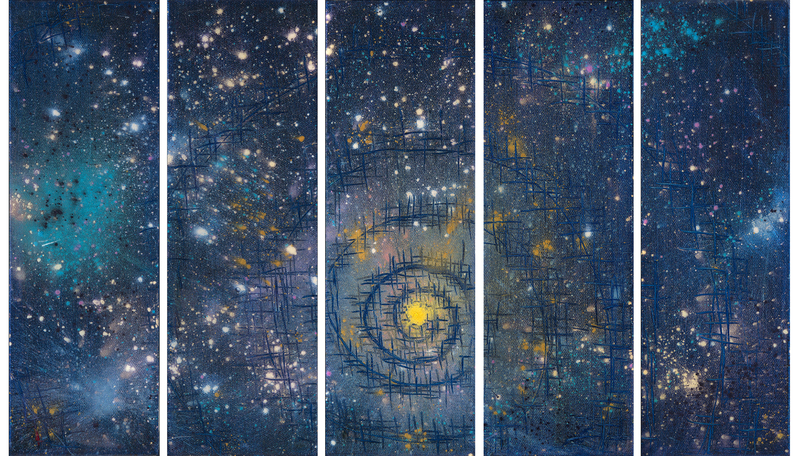 Kristin Schattenfield-Rein We Are All Made Of Stars Oil, Interference, Gold Dust, Enamel, Resin on Canvas