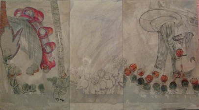 Kyujin Lee Work In Process ink, watercolor, acrylic, ball-pointed pen, colored pencil, pastel, tissue paper on foam-core board