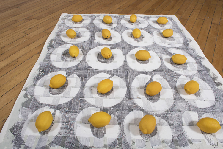                                                                                       LAS HERMANAS IGLESIAS INSTALLATIONS Flashe and ink on paper, 20 fake lemons