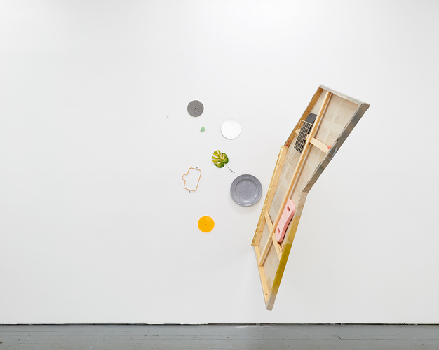                                                                                       LAS HERMANAS IGLESIAS INSTALLATIONS  studio drop cloth on custom wood frame, misc. objects