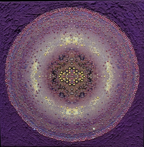 Laura Gurton Bits and Pieces, mixed media - small circles  archival print on canvas with Austrian crystals, acrylic gouache and molding paste