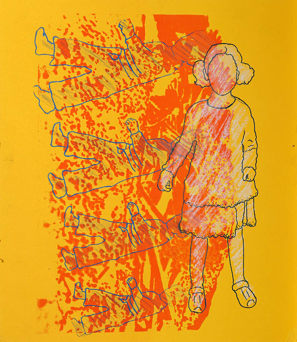 "Lyla and Walking Children" Drawings and Prints Ink and pastel on colored paper