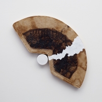 Linda Stillman Mixed media Coffee filter on panel with acrylic and plastic cap