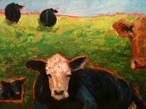 Lori Starkey Cows! Oil on board