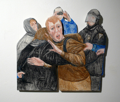 lou anne colodny reliefs; occupy Prismacolor, graphite, chalk on archival paper mounted on archival foam core
