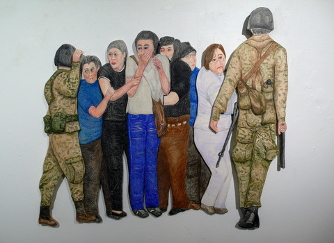 lou anne colodny reliefs; occupy Prismacolor, graphite, on archival paper mounted on foam core