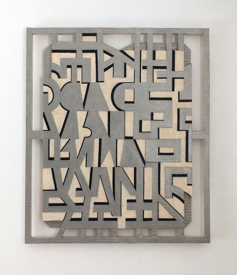 Cipher Mid-size Constructions oil on aluminum plate, wood and canvas over shaped support