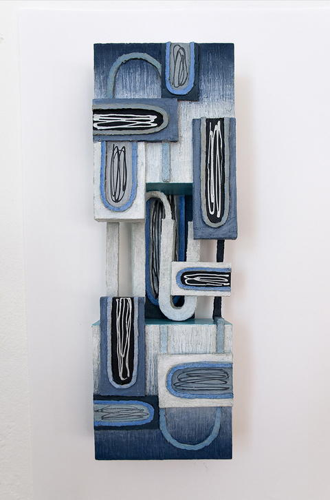 Cross Currents Small Constructions wood, hardboard, wrapped wire, canvas, paper mache, acrylic paint
